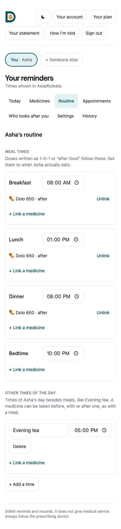 Routine on the website: meal times with the medicines taken at each