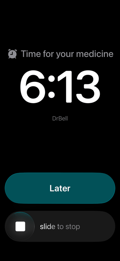 The DrBell alarm on an iPhone: Later, and slide to stop