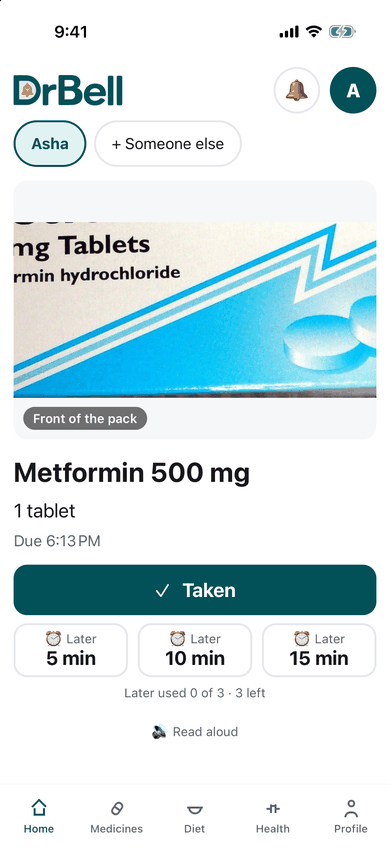 After slide to stop, DrBell opens on the dose: press Taken
